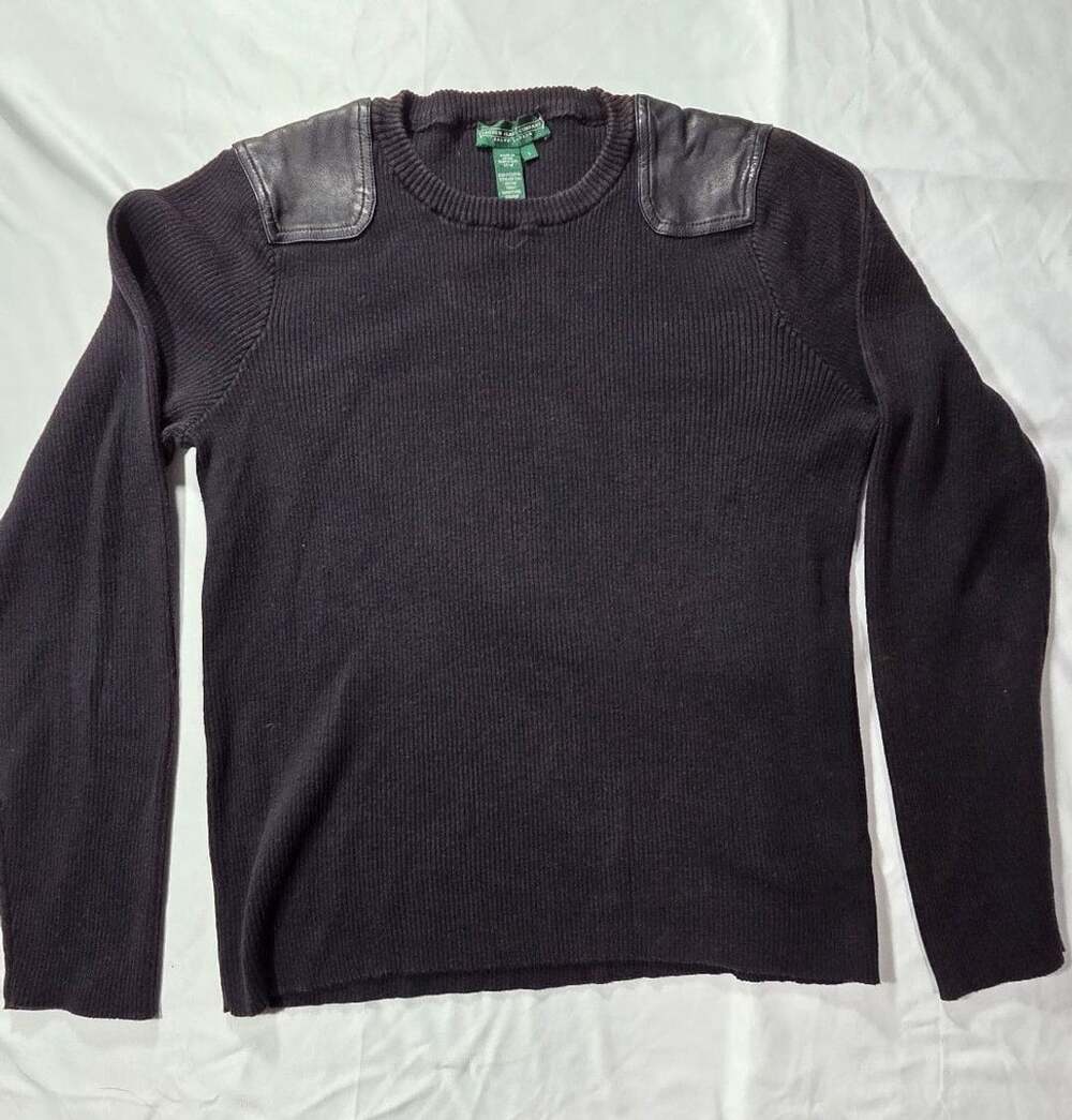 Lauren Jeans Company Ralph Lauren Sweater Size L Black Leather Patches